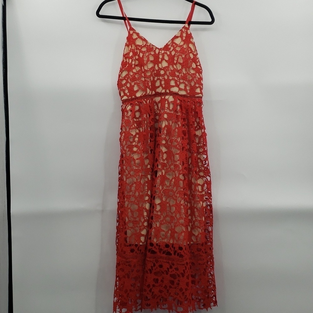 Laffaire | Red Lace Strappy Midi lace dress - nude underlay - Medium